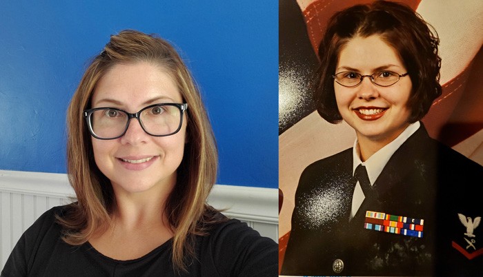A photo of the author now with a photo of the author in the Navy side-by-side